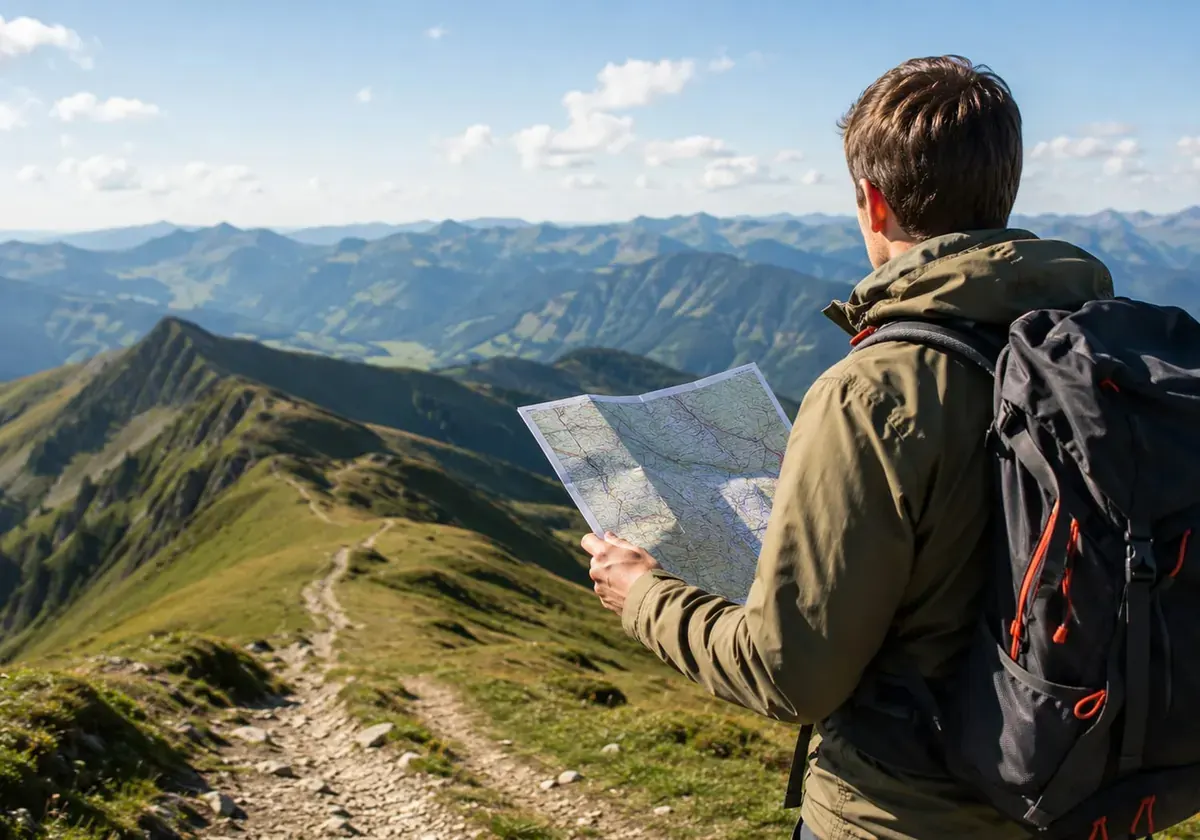 Randonneur consultant une carte face à un panorama de montagne