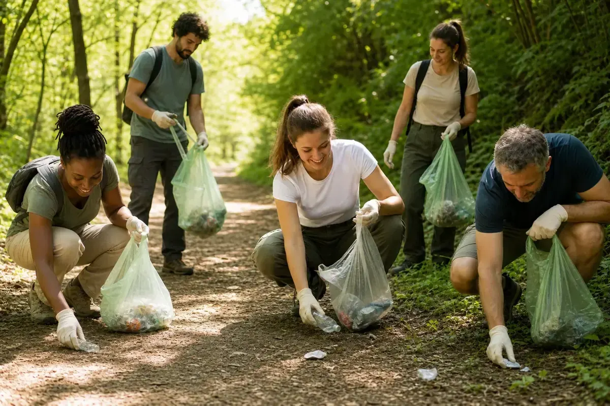 Participants à une Green Walk ramassant des déchets sur un sentier forestier